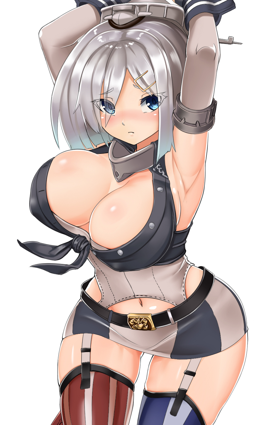 1girl, american_flag_legwear, armpits, arms_up, blue_eyes, blush, breasts, cleavage