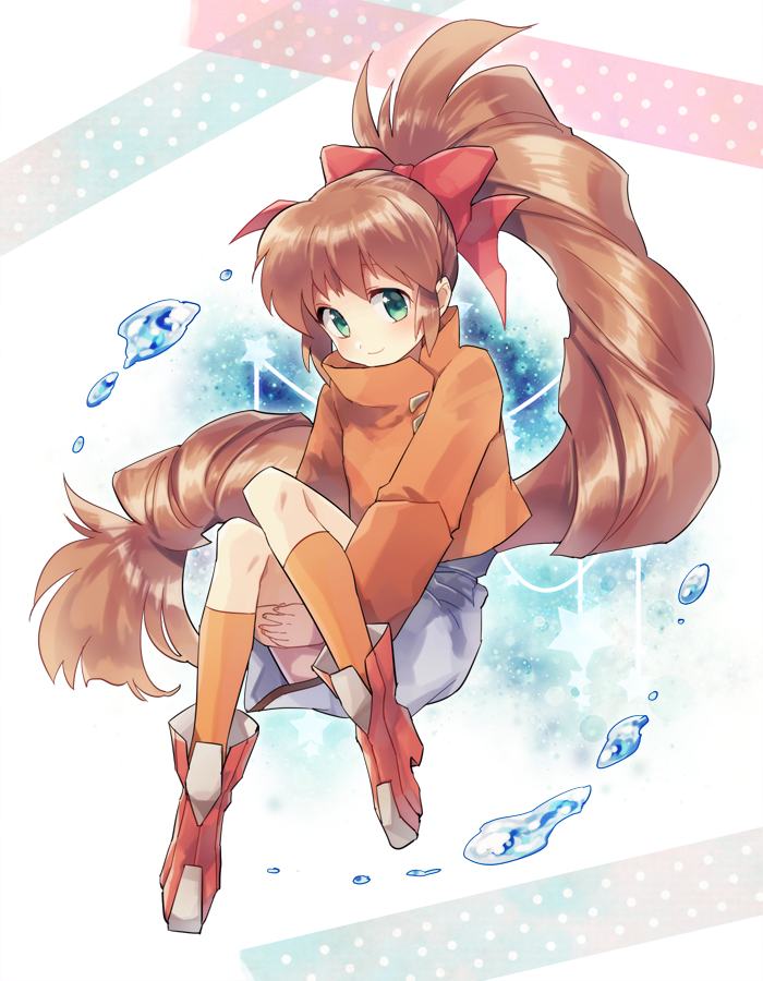 1girl, bow, brown_hair, full_body, green_eyes, hair_bow, kneehighs, long_hair