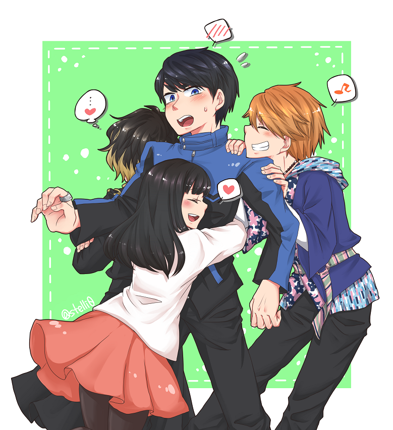 1girl, 3boys, alain_(kamen_rider_ghost), black_hair, blue_eyes, brown_hair, closed_eyes, female