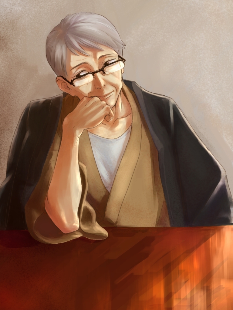 1boy, brown_eyes, collarbone, glasses, grey_hair, hand_on_own_chin, looking_at_viewer, nemunemu_(pixiv4222448), old_man, shouwa_genroku_rakugo_shinjuu, sitting, solo, yakumo_yuurakutei