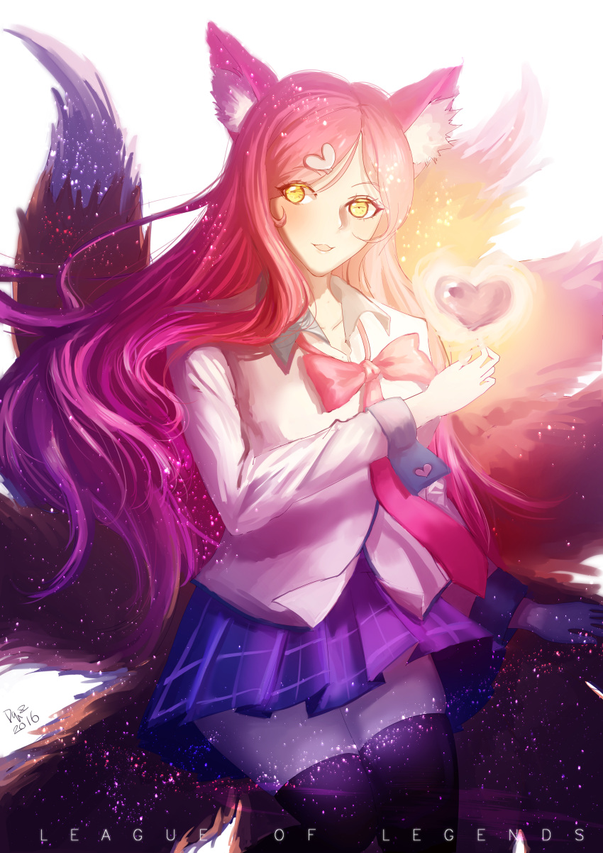 1girl, absurdres, academy_ahri, ahri, animal_ears, bangs, black_legwear, breasts