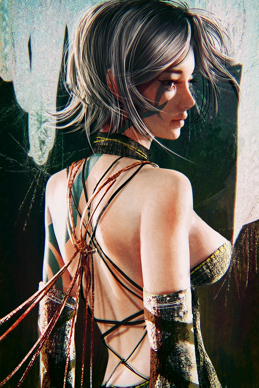 1girl, back, blue_eyes, breasts, choker, closed_mouth, cross-laced_clothes, cursedapple