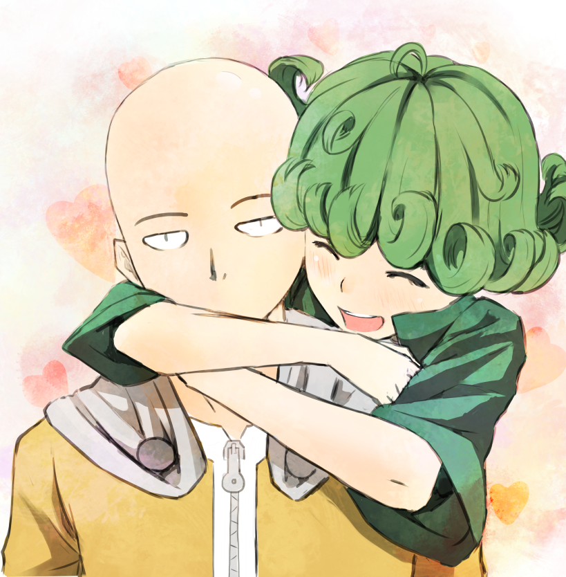 1boy, 1girl, bald, blush, closed_eyes, couple, green_hair, hug