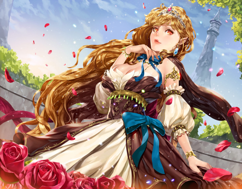 1girl, armband, bare_shoulders, blonde_hair, bow, bracelet, branch, breasts