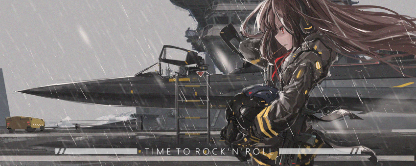 1girl, aegisfate, airplane, cockpit, control_tower, fighter_jet, gun, helmet