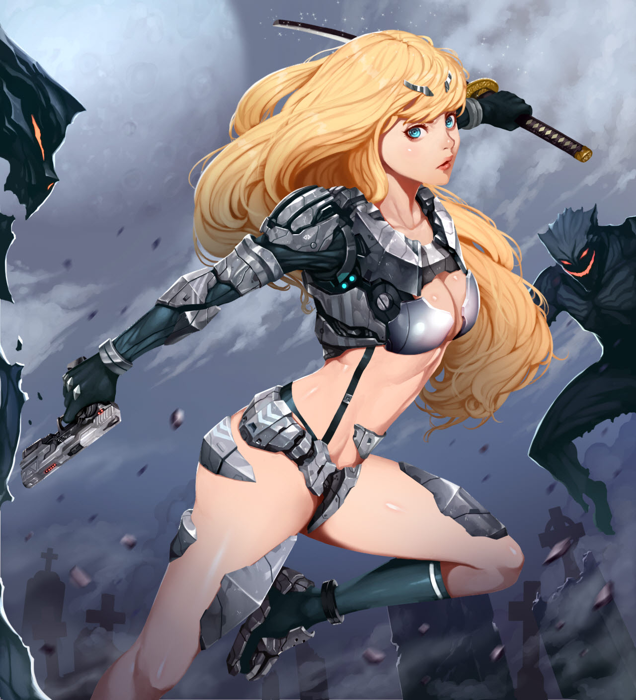 1girl, aqua_eyes, armor, blonde_hair, coffee_dog, collarbone, dual_wielding, graveyard