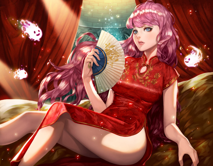 1girl, blue_eyes, chinese_clothes, coffee_dog, curtains, fan, flower, ghost