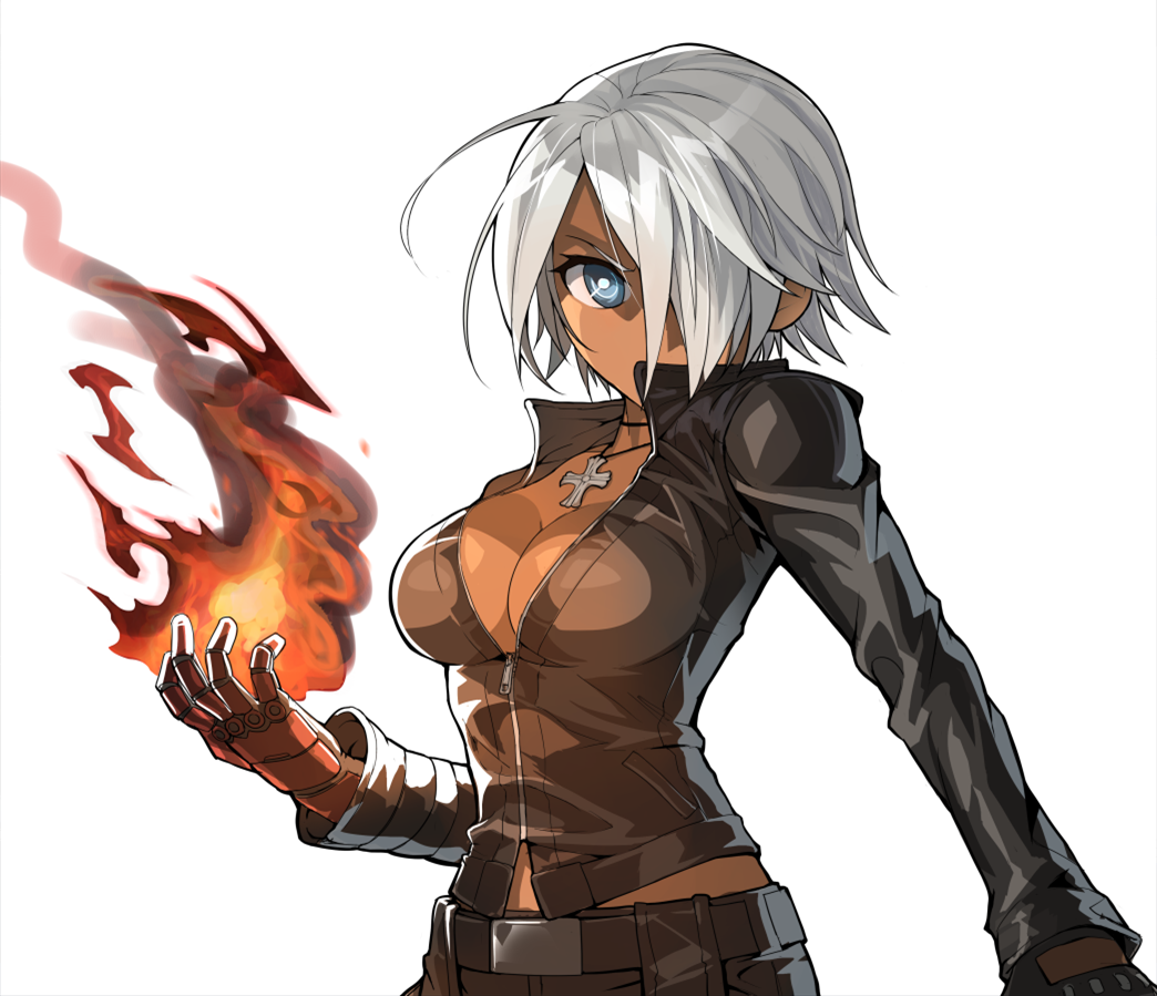 1boy, 1girl, blue_eyes, breasts, cleavage, cropped_jacket, cross, dark_skin