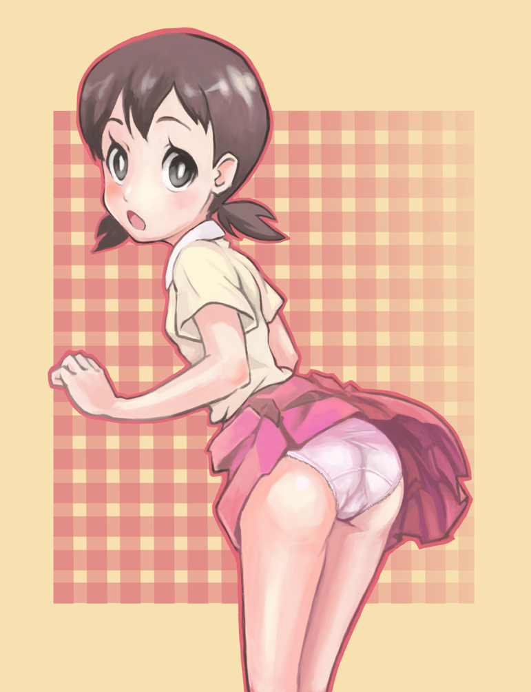 1girl, ass, black_eyes, black_hair, doraemon, minamoto_shizuka, naao, panties, school_uniform, short_hair, skirt, solo, twintails, underwear