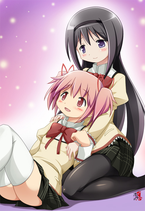 2girls, :d, akemi_homura, black_hair, blush, bow, hair_bow, kaname_madoka