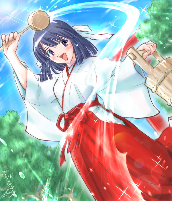blue_hair, bucket, dutch_angle, hakama, headband, hishaku, japanese_clothes, ladle, miko, pail, short_hair, tasuki, water