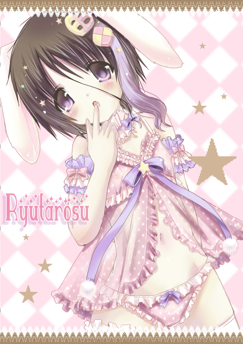 absurdres, animal_ears, babydoll, bad_id, brown_hair, bunny_ears, child, crossdressing