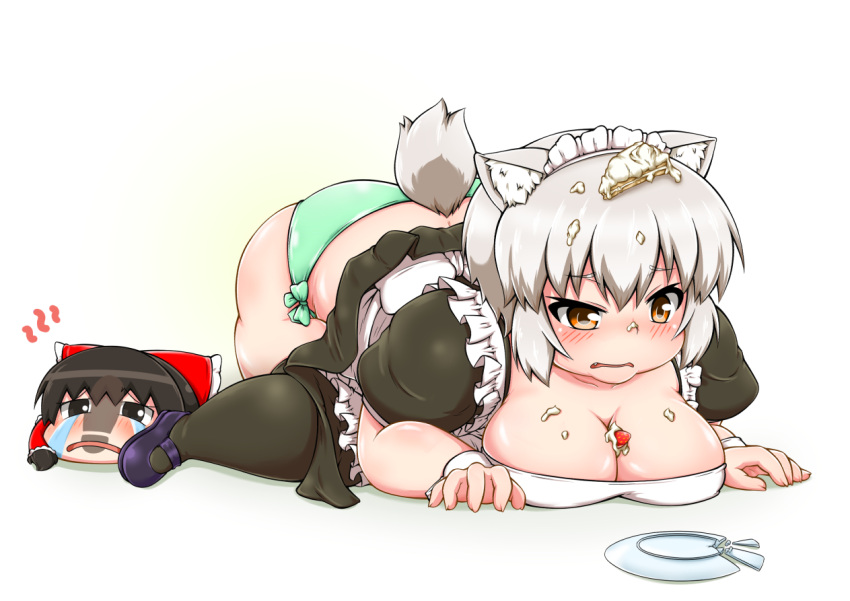 1girl, all_fours, alternate_costume, animal_ears, black_legwear, blush, breasts, broken_plate