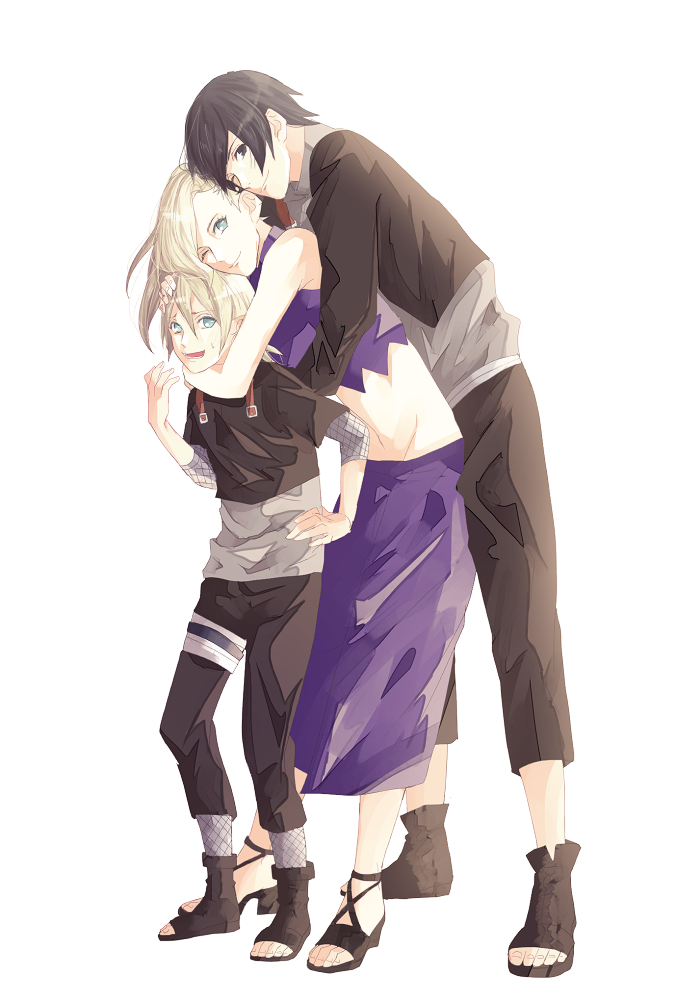 1girl, 2boys, black_eyes, black_hair, blonde_hair, blue_eyes, boruto:_naruto_the_movie, family, father_and_son, fishnets, hug, hug_from_behind, husband_and_wife, long_hair, long_skirt, midriff, mother_and_son, multiple_boys, naruto, one_eye_closed, open_toe_shoes, ponytail, sai_(naruto), sandals, shoes, skirt, sweatdrop, szk_sssk, white_background, yamanaka_ino, yamanaka_inojin