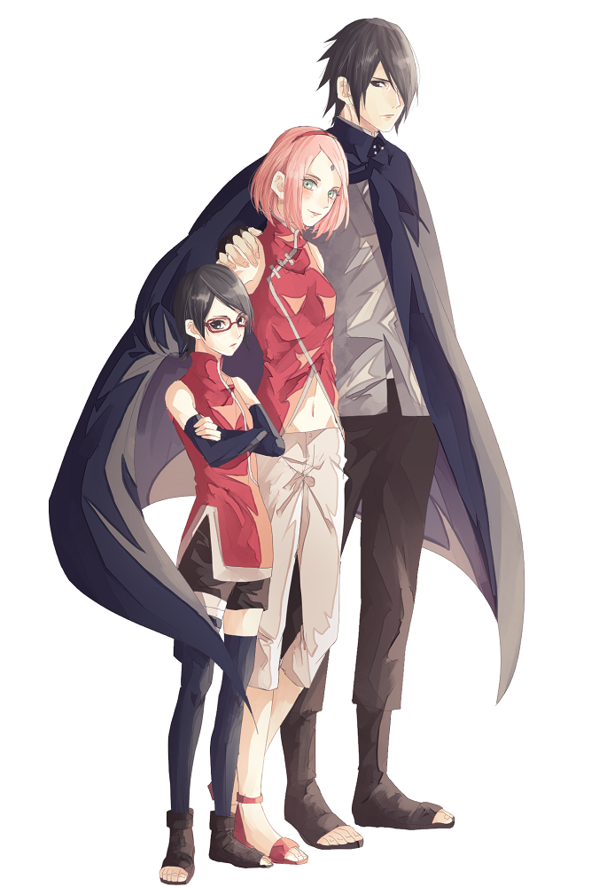 1boy, 2girls, black_eyes, black_hair, blush, boruto:_naruto_the_movie, cape, crossed_arms, elbow_gloves, facial_mark, family, father_and_daughter, fingerless_gloves, forehead_mark, glasses, gloves, green_eyes, hairband, hand_on_another's_shoulder, haruno_sakura, husband_and_wife, mother_and_daughter, multiple_girls, naruto, open_toe_shoes, pink_hair, red-framed_glasses, shoes, short_hair, shorts, szk_sssk, thigh-highs, uchiha_sarada, uchiha_sasuke, white_background
