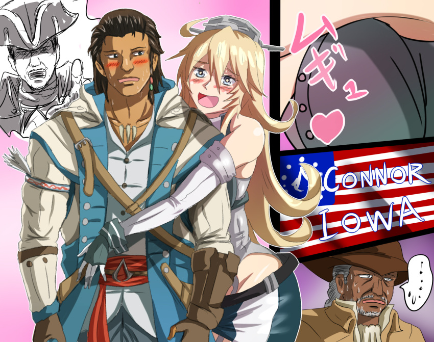 ..., 1girl, 3boys, :d, achiles_davenport, assassin's_creed_(series), blonde_hair, blush