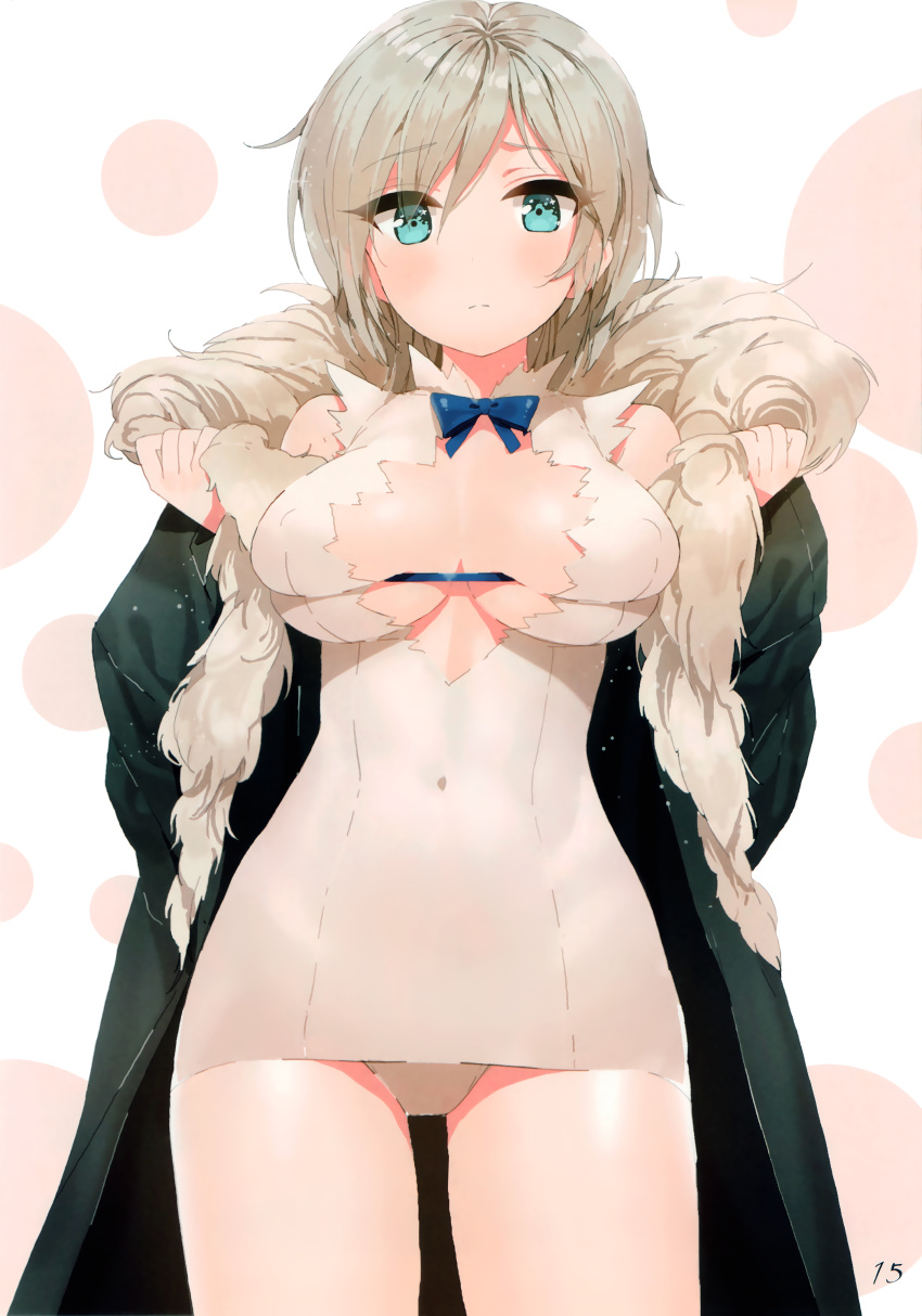 absurdres, anastasia_(idolmaster), blue_eyes, breasts, cleavage, cleavage_cutout, cosplay, covered_navel, cowboy_shot, dress, dungeon_ni_deai_wo_motomeru_no_wa_machigatteiru_darou_ka, fur_trim, hestia_(danmachi), hestia_(danmachi)_(cosplay), highres, idolmaster, idolmaster_cinderella_girls, jacket, large_breasts, looking_at_viewer, mx2j_(nsh6394), off_shoulder, panties, rei_no_himo, short_dress, silver_hair, skindentation, underwear, upskirt, white_dress, white_panties