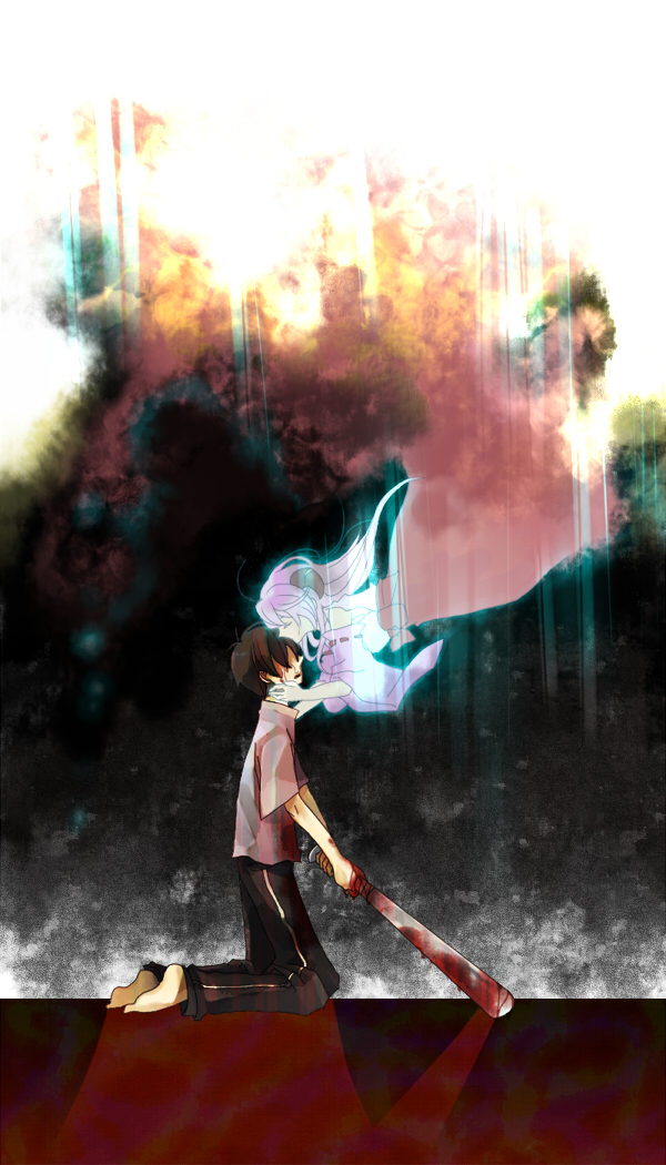 1boy, 1girl, barefoot, baseball_bat, blood, blood_on_face, bloody_weapon, closed_eyes