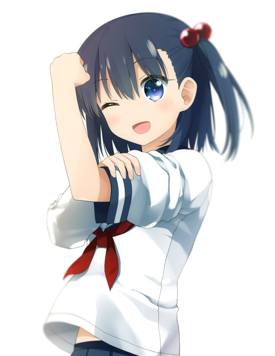 1girl, blue_eyes, blue_hair, blush, hair_bobbles, hair_ornament, haribote_(tarao), looking_at_viewer