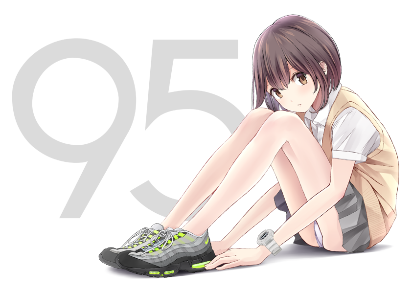 1girl, bare_legs, black_skirt, blush, brown_hair, chikuwa_(glossymmmk), collared_shirt, dress_shirt