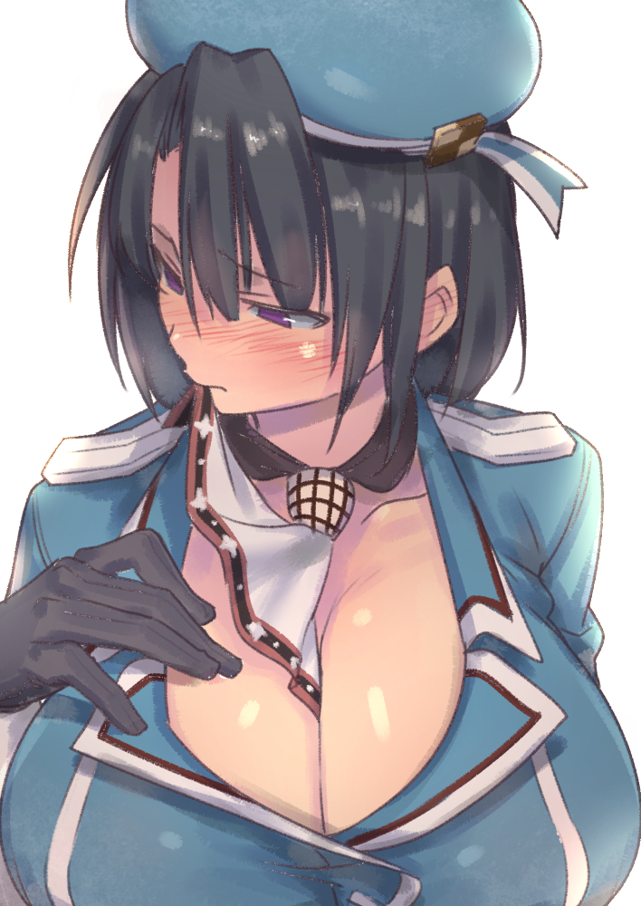 1girl, beret, black_gloves, black_hair, blush, breasts, gloves, hat