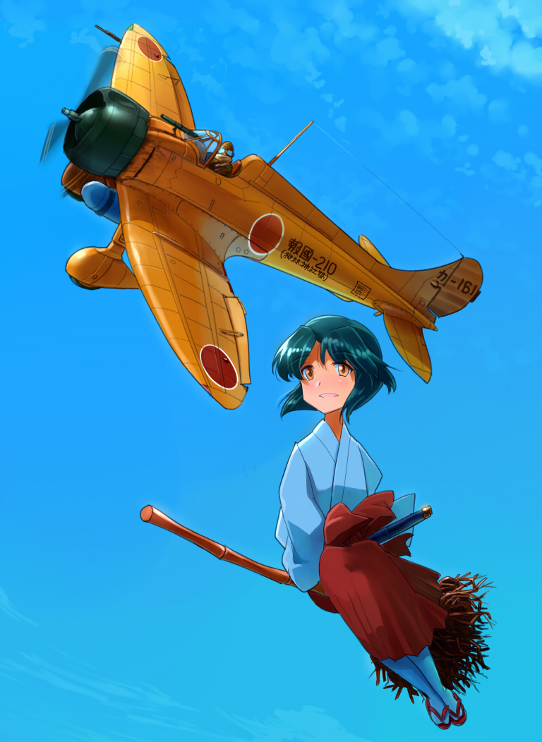 1boy, 1girl, a5m, airplane, black_hair, broom, broom_riding, flying, inui_(jt1116), japanese_clothes, looking_at_another, miko, original, riding, short_hair, sidesaddle, tagme, witch