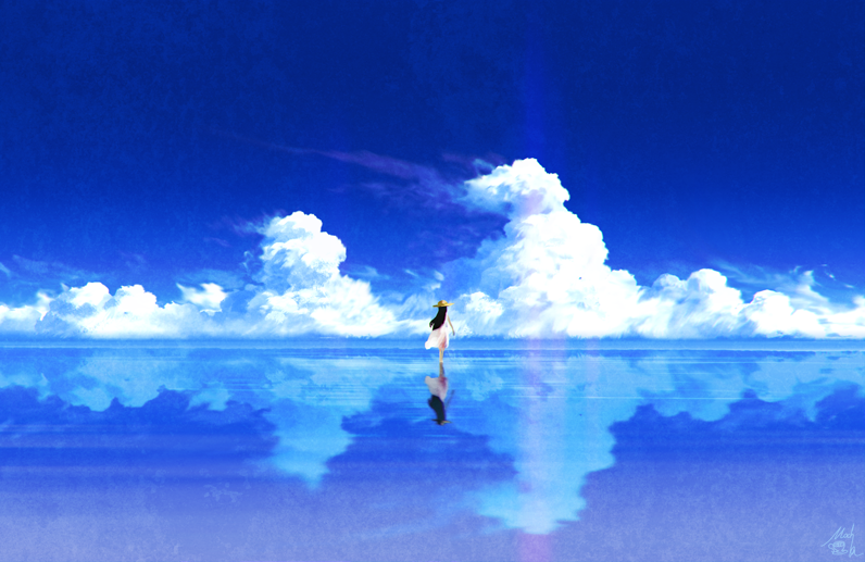1girl, black_hair, clouds, commentary, dress, from_behind, hat, horizon