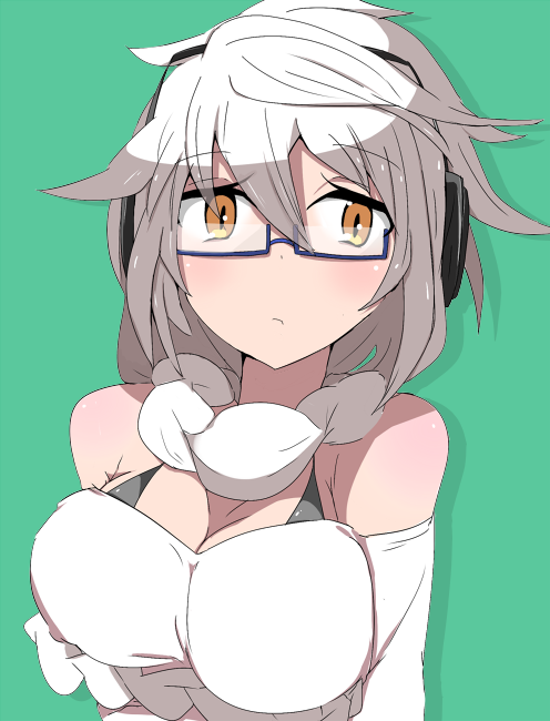 1girl, alternate_costume, arms_at_sides, bare_shoulders, braid, breasts, earphones, green_background