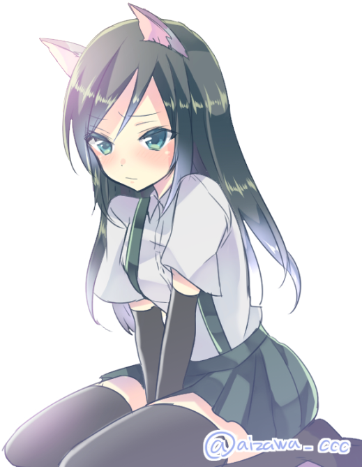 1girl, animal_ears, arm_warmers, asashio_(kantai_collection), between_legs, black_hair, black_legwear, blouse