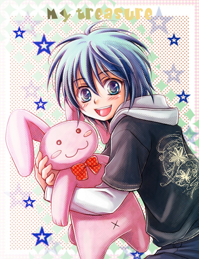 blue_hair, hinonekoku, original, short_hair, stuffed_animal, stuffed_toy