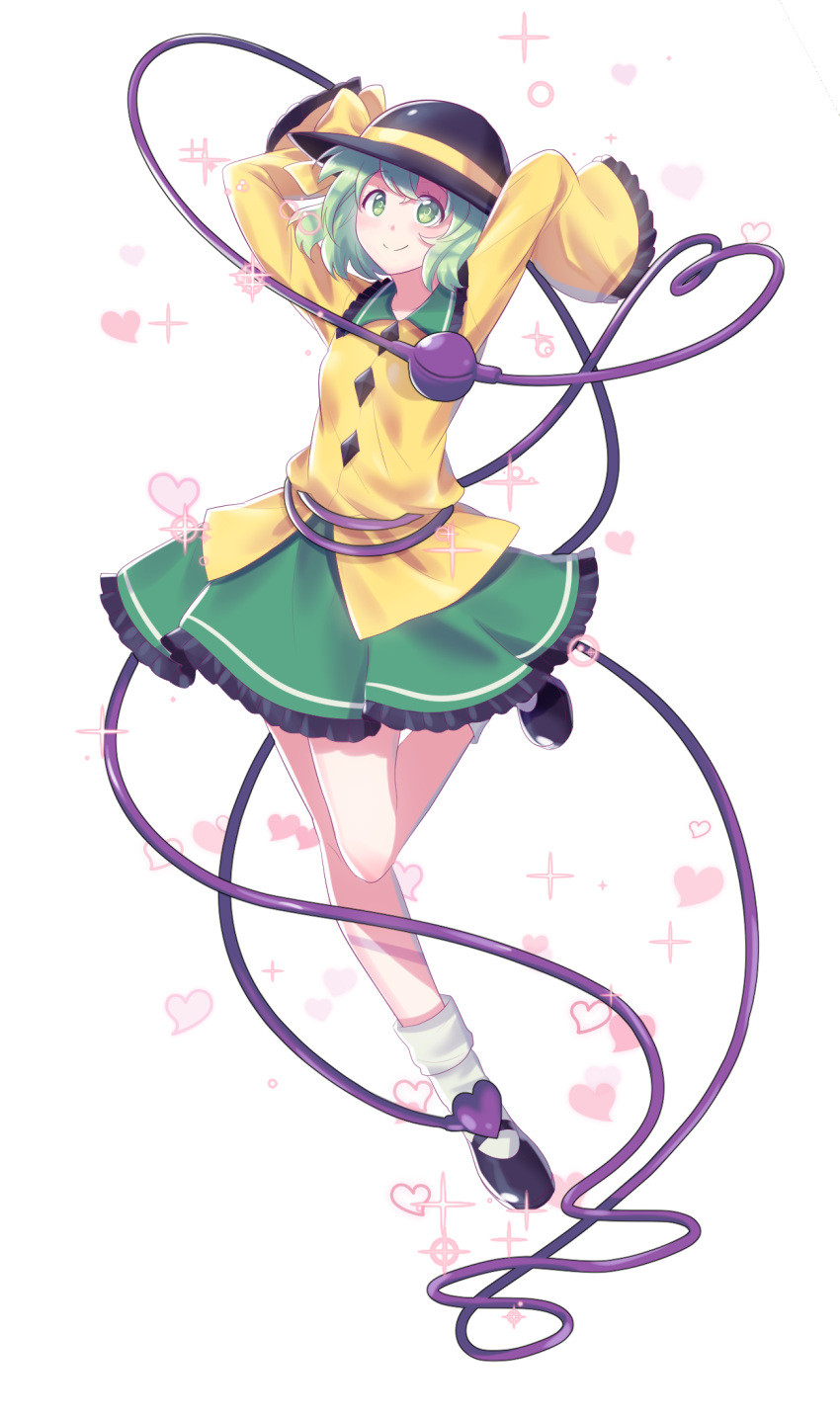 1girl, black_shoes, bobby_socks, full_body, heart, highres, komeiji_koishi, leg_up