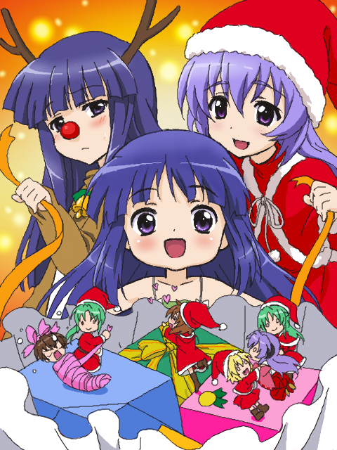 1boy, 6+girls, antlers, bell, blonde_hair, blue_hair, blush, boots, box, cab., chibi, child, christmas, dual_persona, fur_trim, furude_rika, gift, gift_box, green_hair, hanyuu, hat, heart, higurashi_no_naku_koro_ni, houjou_satoko, long_hair, looking_at_viewer, maebara_keiichi, merry_christmas, multiple_girls, official_style, open_mouth, purple_hair, ribbon, ryuuguu_rena, sack, santa_costume, santa_hat, short_hair, siblings, sisters, smile, sonozaki_mion, sonozaki_shion, tegaki