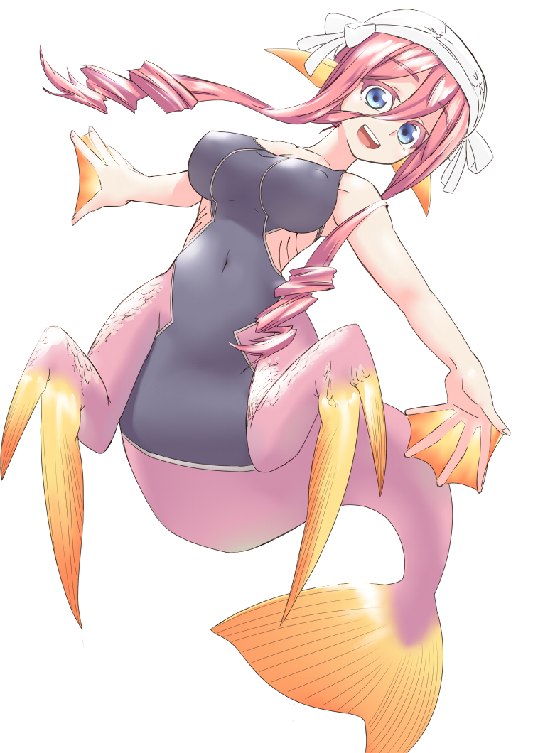 1girl, :d, blue_eyes, breasts, covered_navel, full_body, gills, head_fins