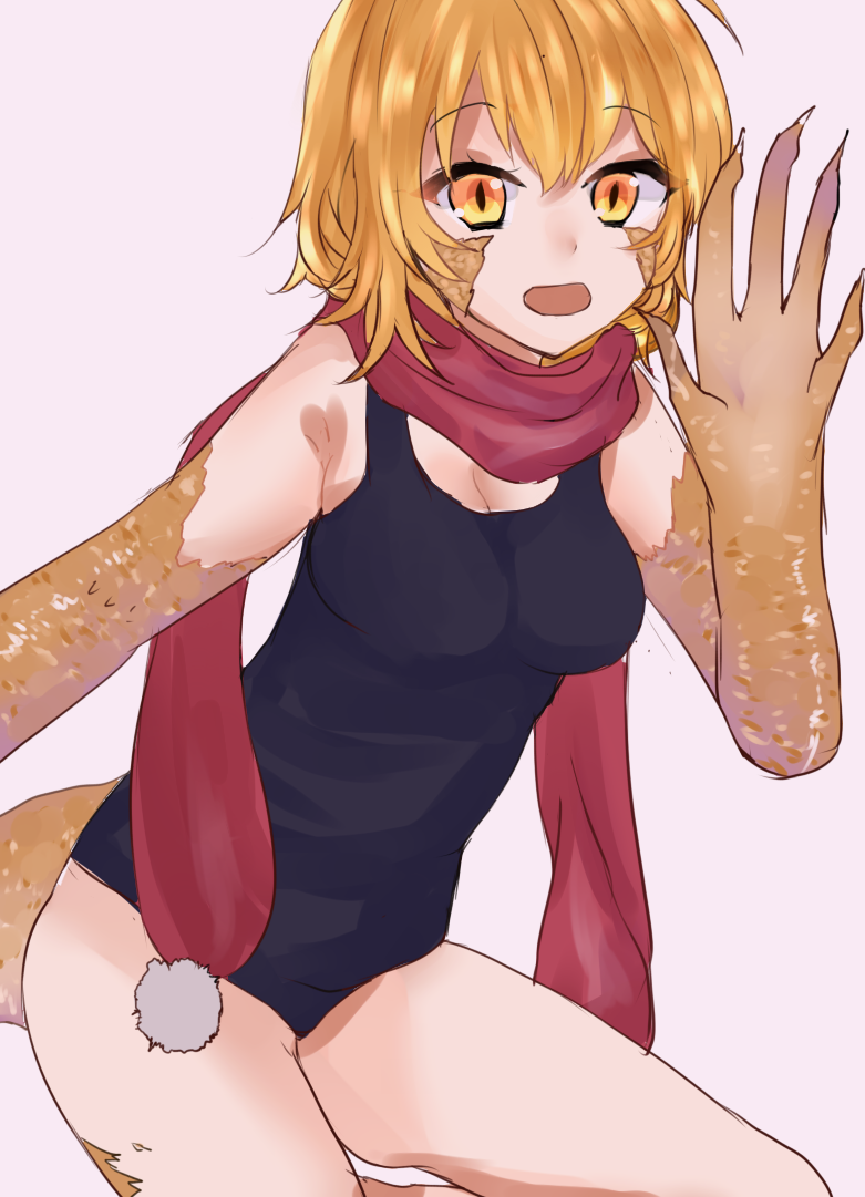 1girl, blonde_hair, breasts, claws, cleavage, cowboy_shot, liza_(monster_musume), lizard_girl, lizard_tail, mito_(pixiv17453595), monster_girl, monster_musume_no_iru_nichijou, monster_musume_no_iru_nichijou_online, one-piece_swimsuit, open_mouth, red_scarf, scales, scarf, slit_pupils, solo, swimsuit, yellow_eyes