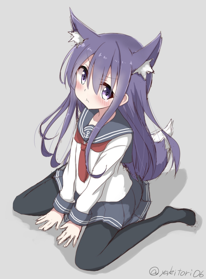 1girl, :t, akatsuki_(kantai_collection), anchor_symbol, animal_ears, blush, commentary_request, kantai_collection