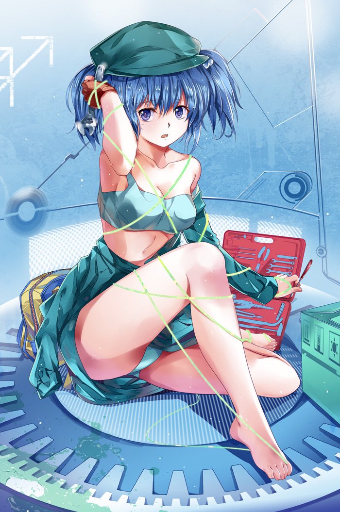 backpack, bag, bare_shoulders, barefoot, blue_eyes, blue_hair, breasts, cleavage
