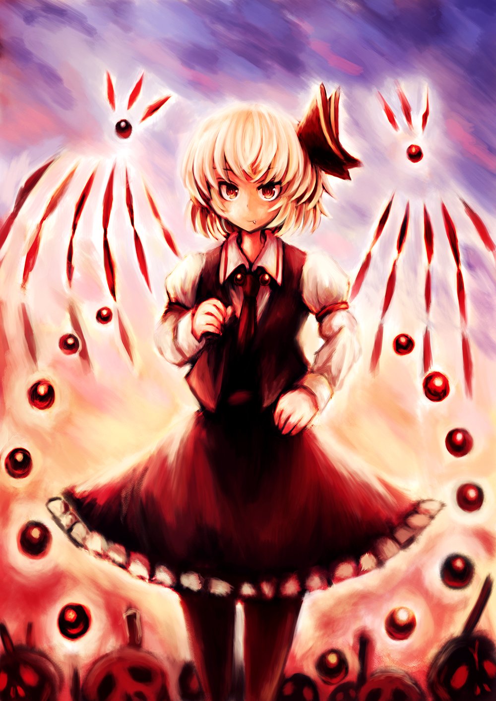1girl, blonde_hair, frilled_skirt, frills, gesu02, hair_ribbon, highres, ribbon, rumia, shirt, short_hair, skirt, skull, smile, touhou, vest