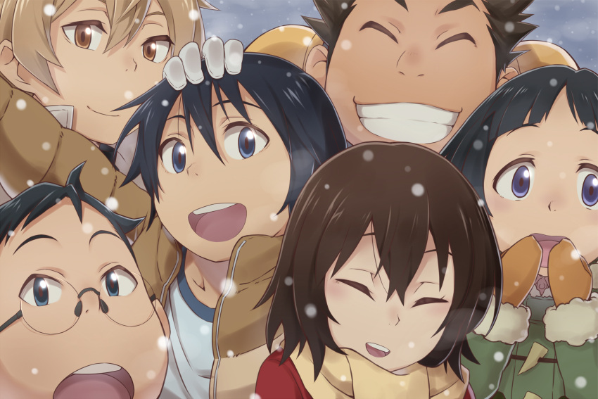 1girl, 5boys, :d, :o, ^_^, absurdres, black_hair, blonde_hair