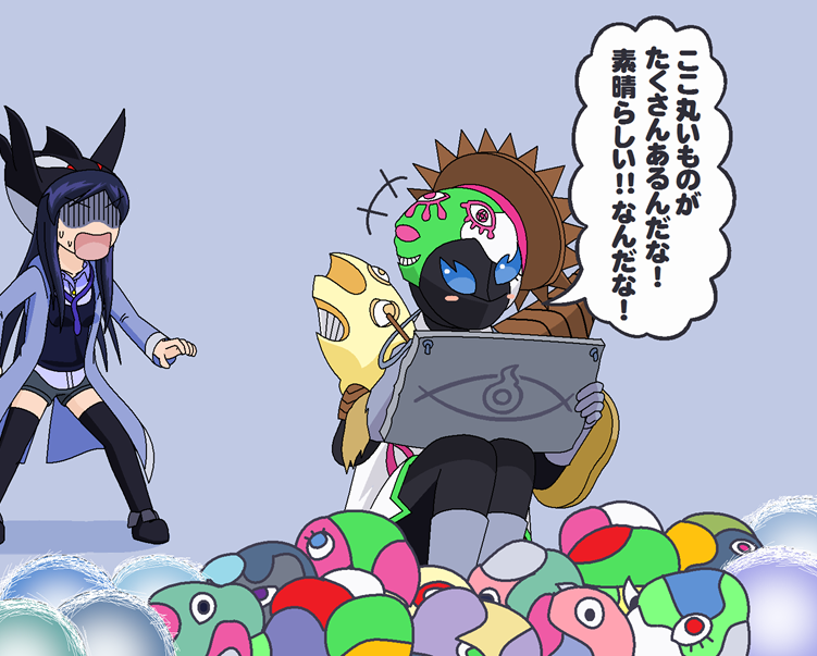 1girl, black_legwear, blue_hair, blush_stickers, drawing, female, ganma, gazai_ganma, gloom_(expression), hat, kamen_rider, kamen_rider_ghost_(series), kamen_rider_ooo_(series), long_hair, mezul, open_mouth, orca, redol, short_shorts, shorts, thigh-highs, translation_request