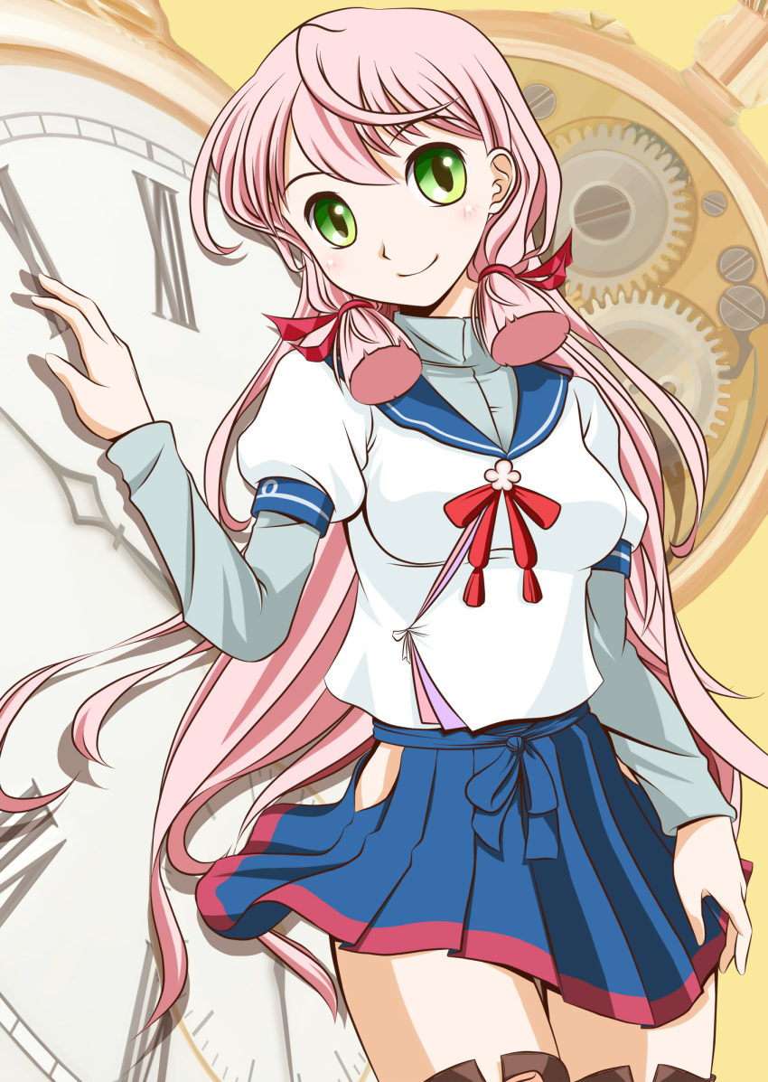 1girl, akaguro-san, akashi_(kantai_collection), blue_skirt, breasts, green_eyes, hair_ribbon, highres