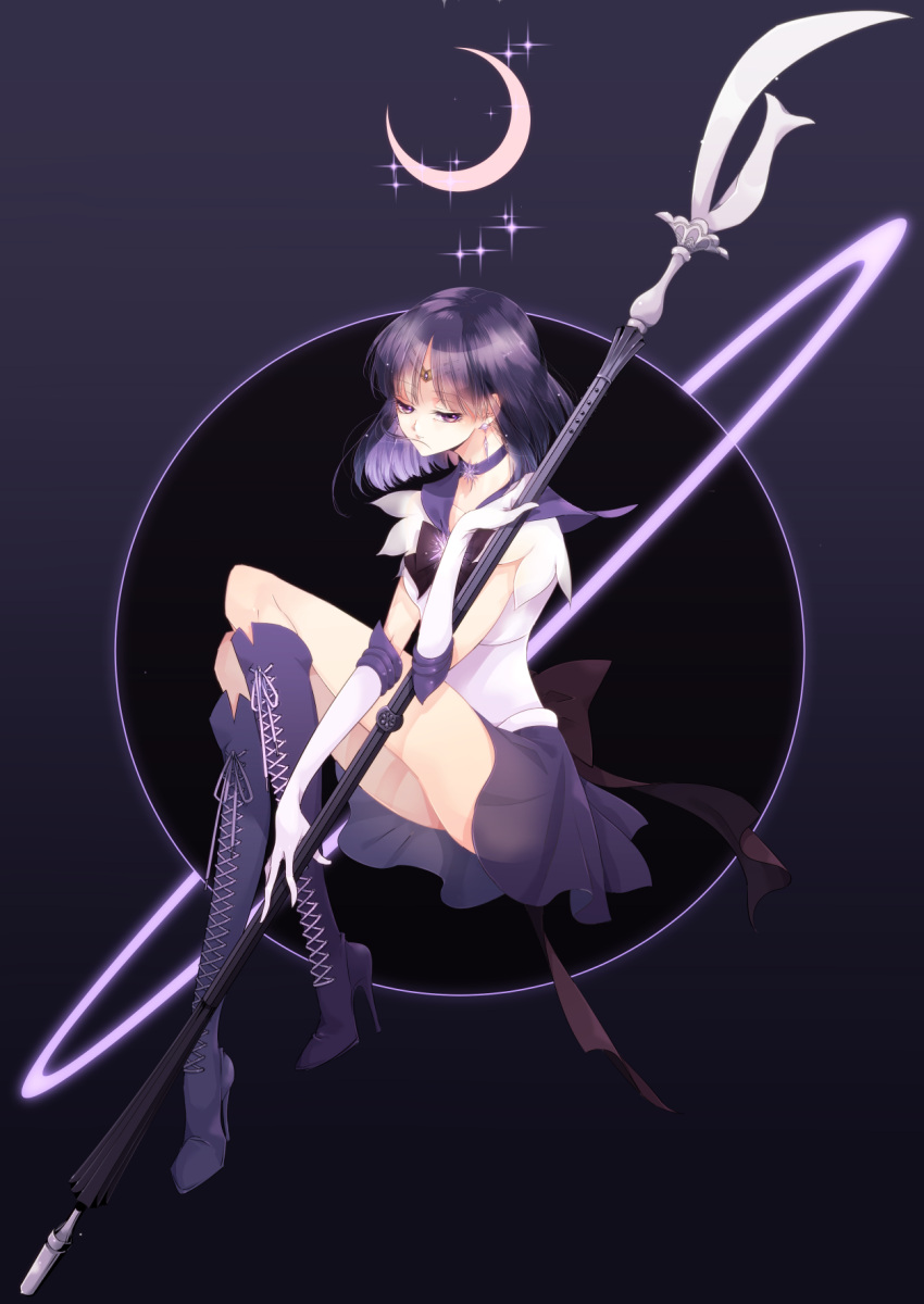 1girl, bishoujo_senshi_sailor_moon, black_hair, boots, bow, choker, cross-laced_footwear, earrings