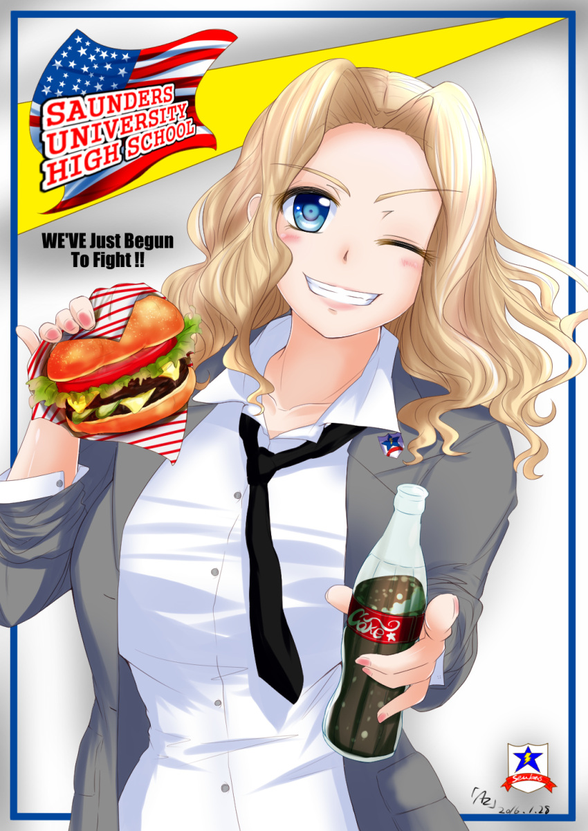 1girl, ;d, american_flag, blonde_hair, blue_eyes, blush, breasts, coca-cola
