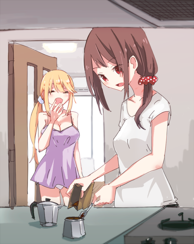 2girls, ^_^, alternate_hairstyle, babydoll, bare_shoulders, blonde_hair, blush, breasts, brown_hair, cleavage, closed_eyes, coffee, exhaust_hood, hair_ornament, hair_scrunchie, maribel_hearn, multiple_girls, open_mouth, panties, polka_dot_scrunchie, pot, red_eyes, scrunchie, shiroshi_(denpa_eshidan), side_ponytail, spoon, stove, touhou, underwear, usami_renko, white_panties, yawning