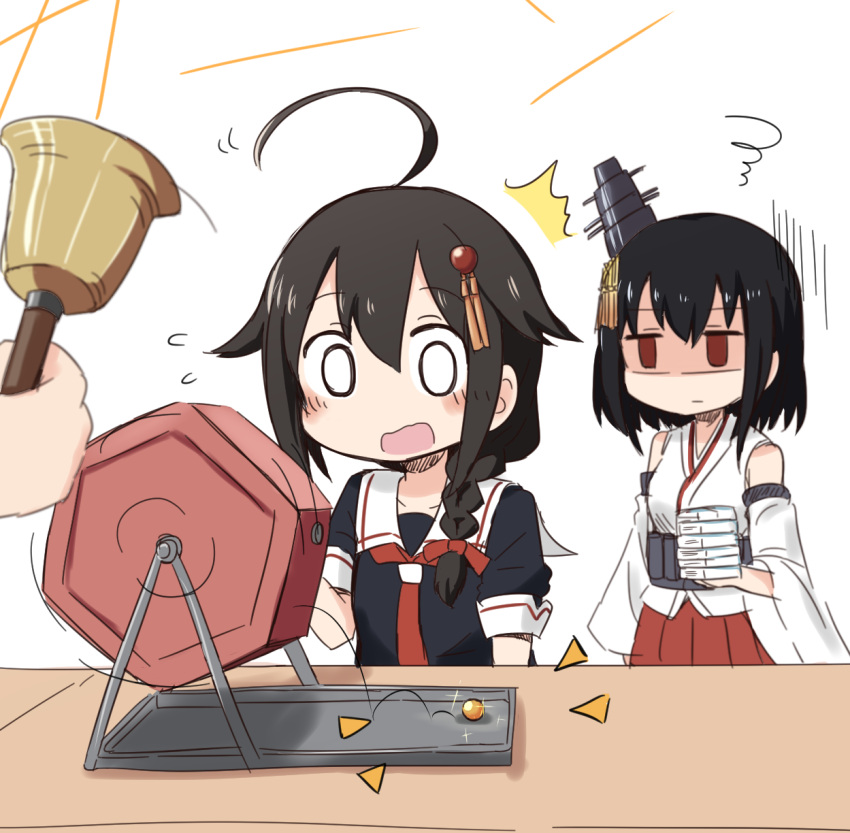 /\/\/\, 2girls, ahoge, bell, black_hair, braid, detached_sleeves, flying_sweatdrops