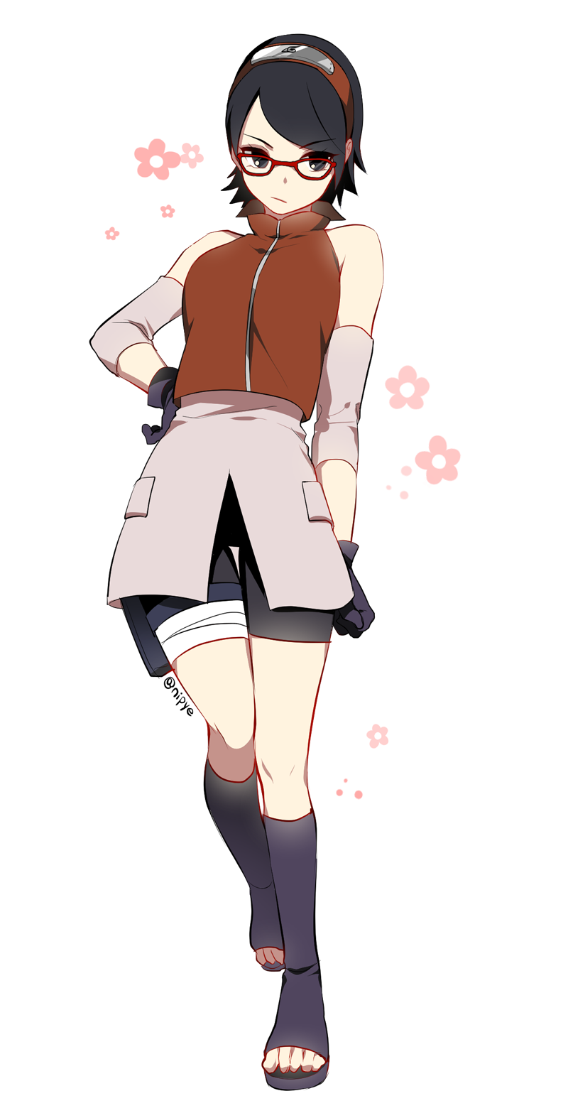 black_eyes, black_hair, cosplay, elbow_sleeve, forehead_protector, glasses, gloves, haruno_sakura_(cosplay)