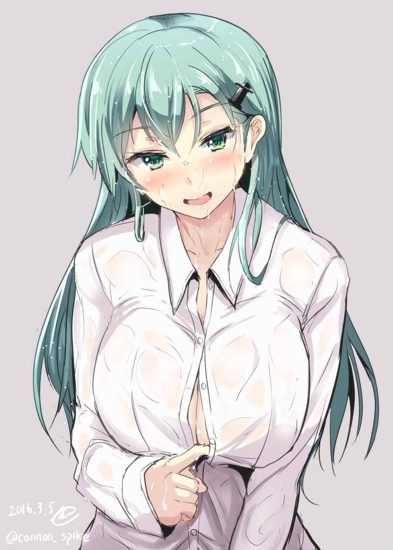 1girl, aqua_eyes, aqua_hair, blush, breasts, gin'ichi_(akacia), hair_ornament, hairclip