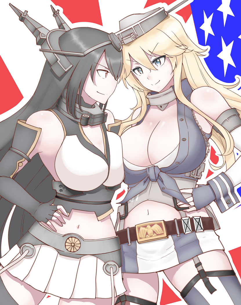 1girl, 2girls, asymmetrical_docking, black_hair, blonde_hair, blue_eyes, breast_press, breasts