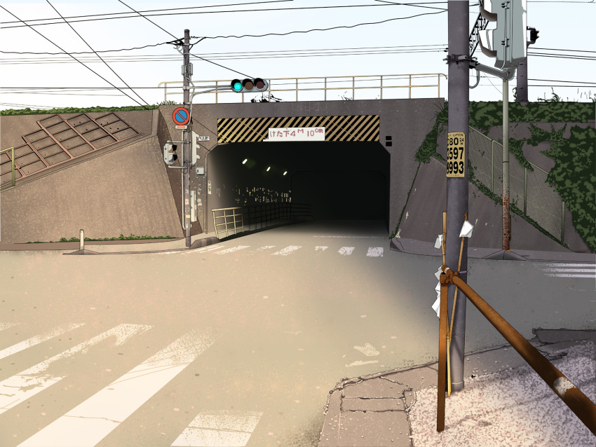 city, crosswalk, highres, power_lines, scenery, street, traffic_light, tunnel