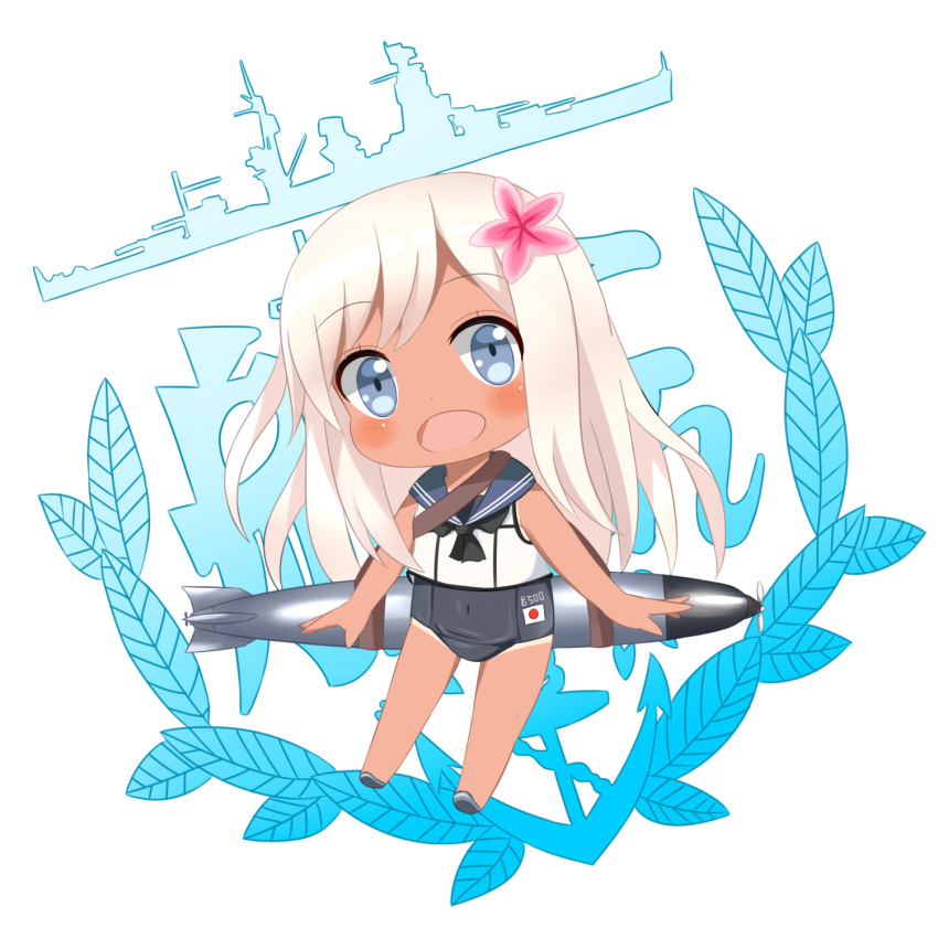 1girl, blonde_hair, blue_eyes, chibi, crop_top, crys_(dai), flower, hair_flower