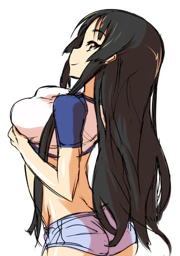 ass, back, bangs, black_eyes, black_hair, blunt_bangs, breast_lift, breasts